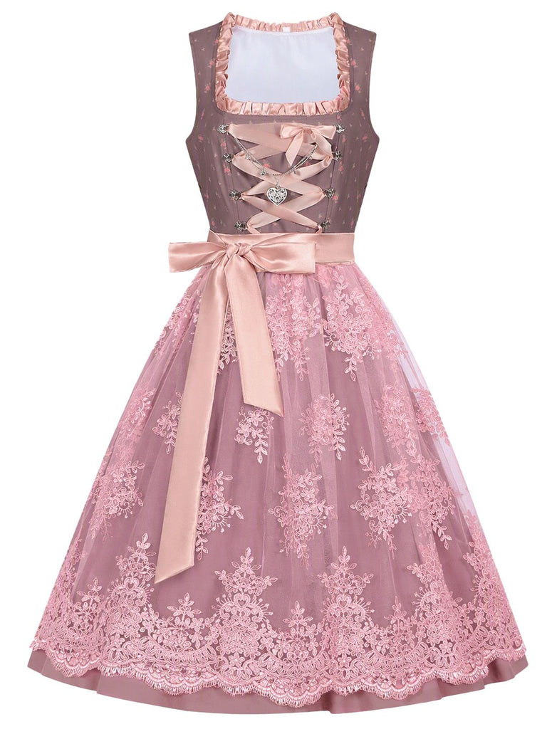 2PCS Misty Rose 1950s Ditsy Floral Satin Dress & Apron