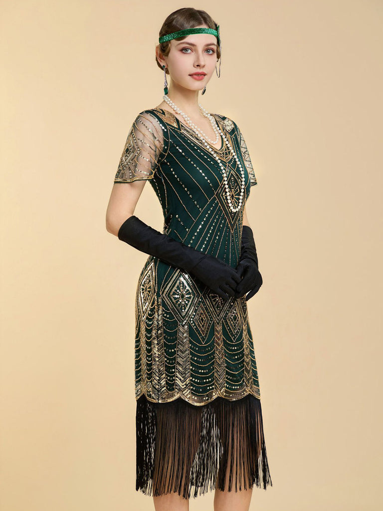 1920s V Neck Sequin Vintage Dress 10
