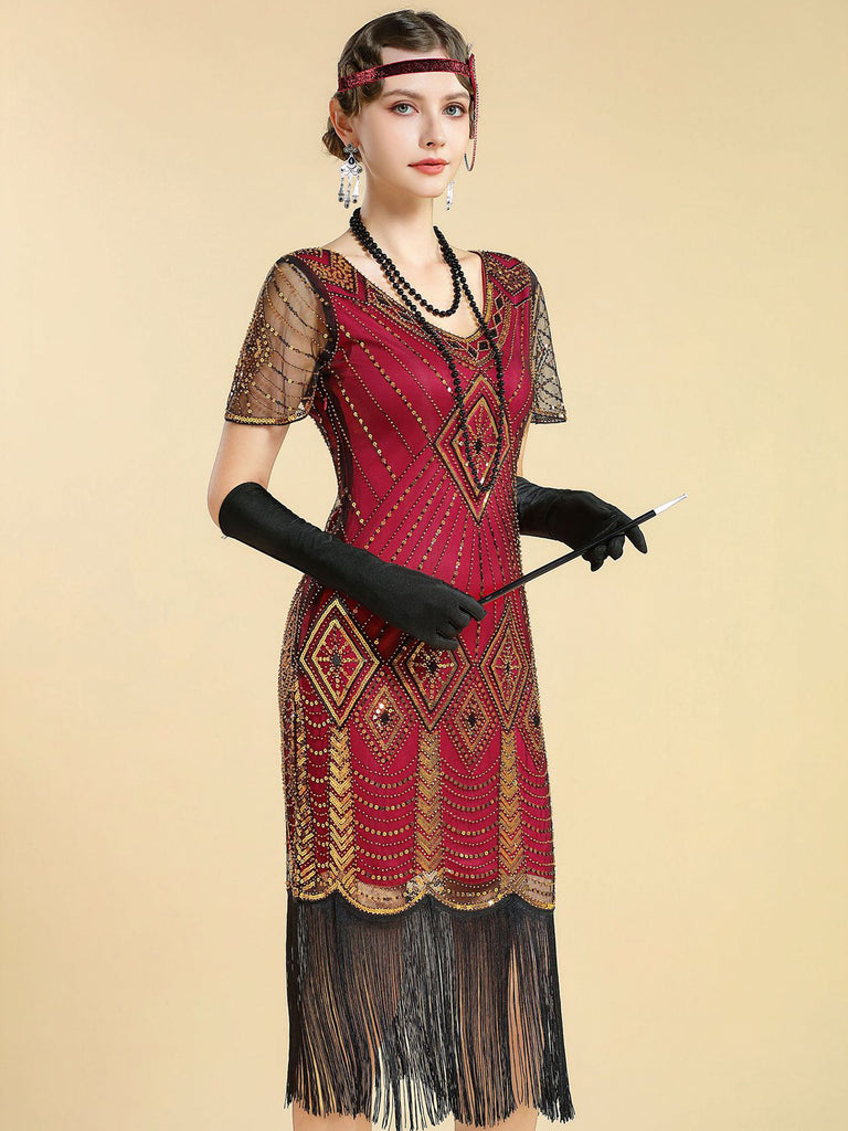 1920s V Neck Sequin Vintage Dress 14