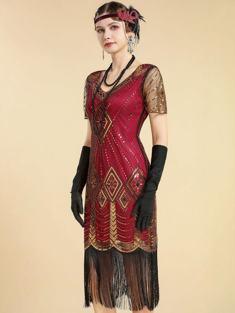1920s V Neck Sequin Vintage Dress 12