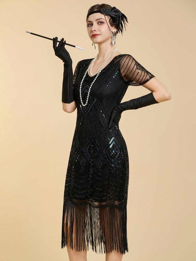 1920s V Neck Sequin Vintage Dress 5