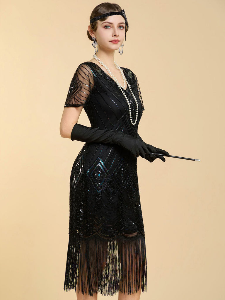 1920s V Neck Sequin Vintage Dress