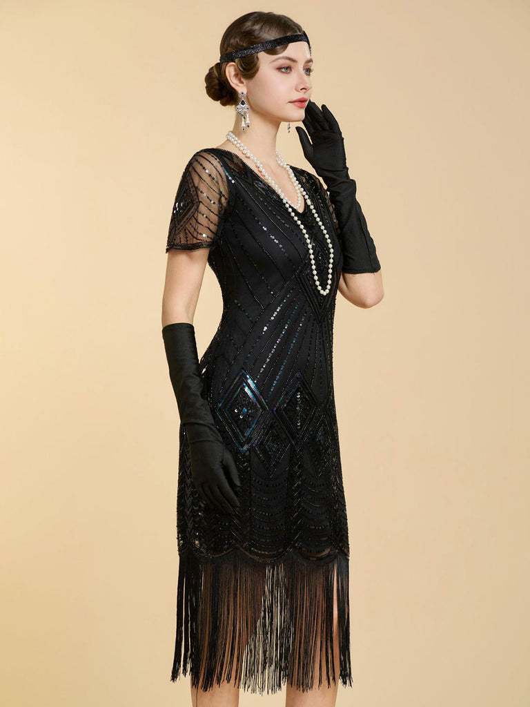 1920s V Neck Sequin Vintage Dress 2