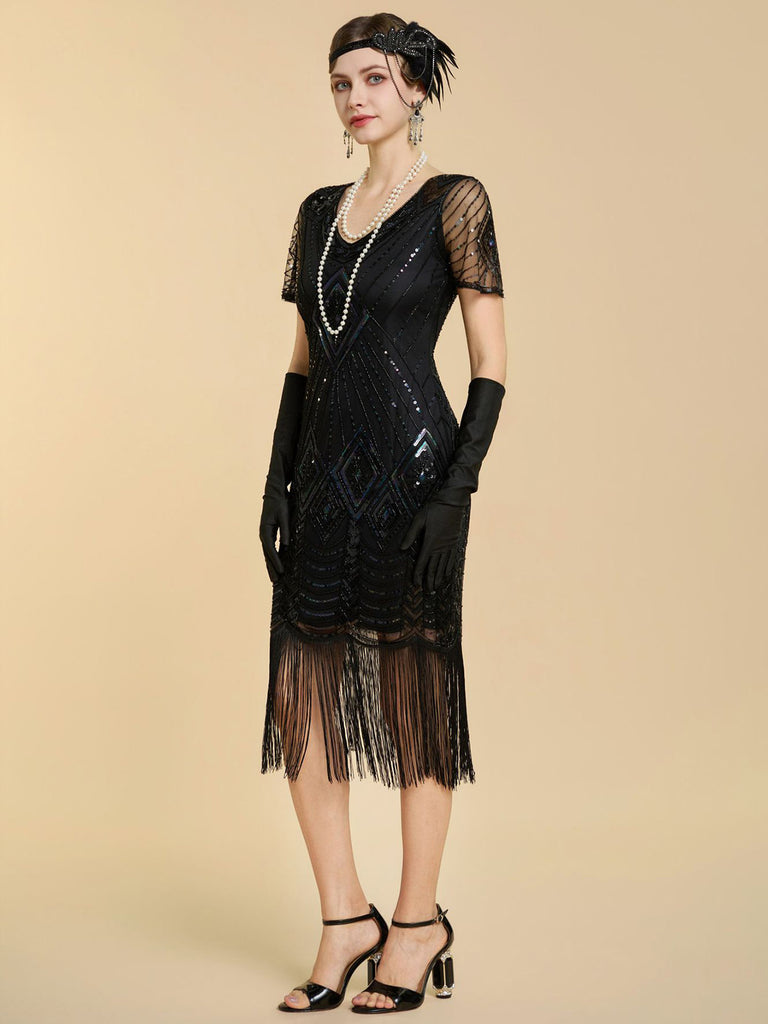 1920s V Neck Sequin Vintage Dress 3
