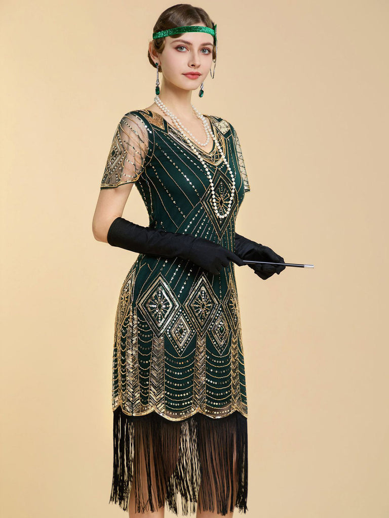 1920s V Neck Sequin Vintage Dress 11