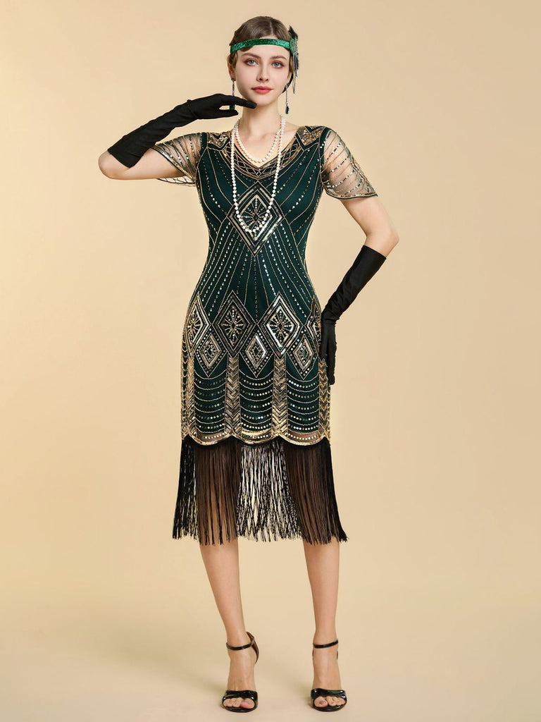 1920s V Neck Sequin Vintage Dress 9