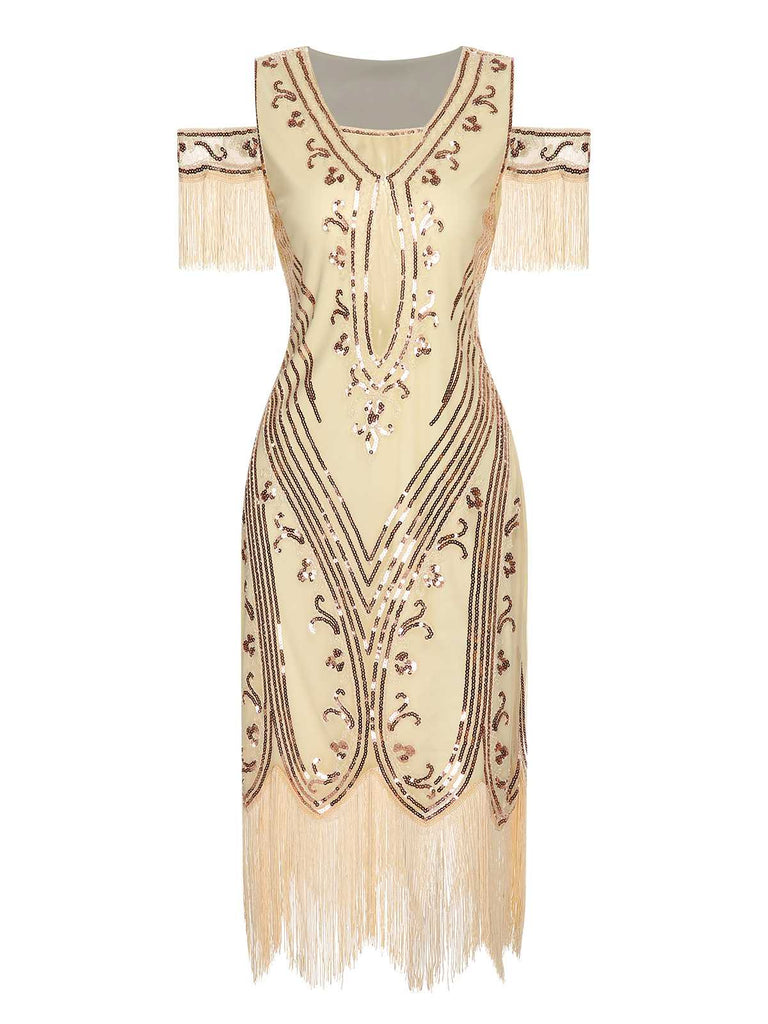She slips into this 1920s Cold Shoulder Embroidered Fringe Sequins Dress and suddenly it's a 1920s daydream