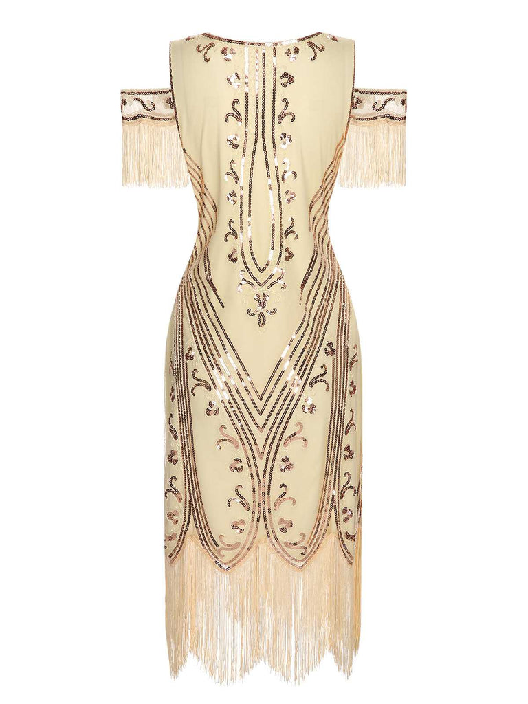 This 1920s Cold Shoulder Embroidered Fringe Sequins Dress wraps her in 1920s elegance, one twirl at a time