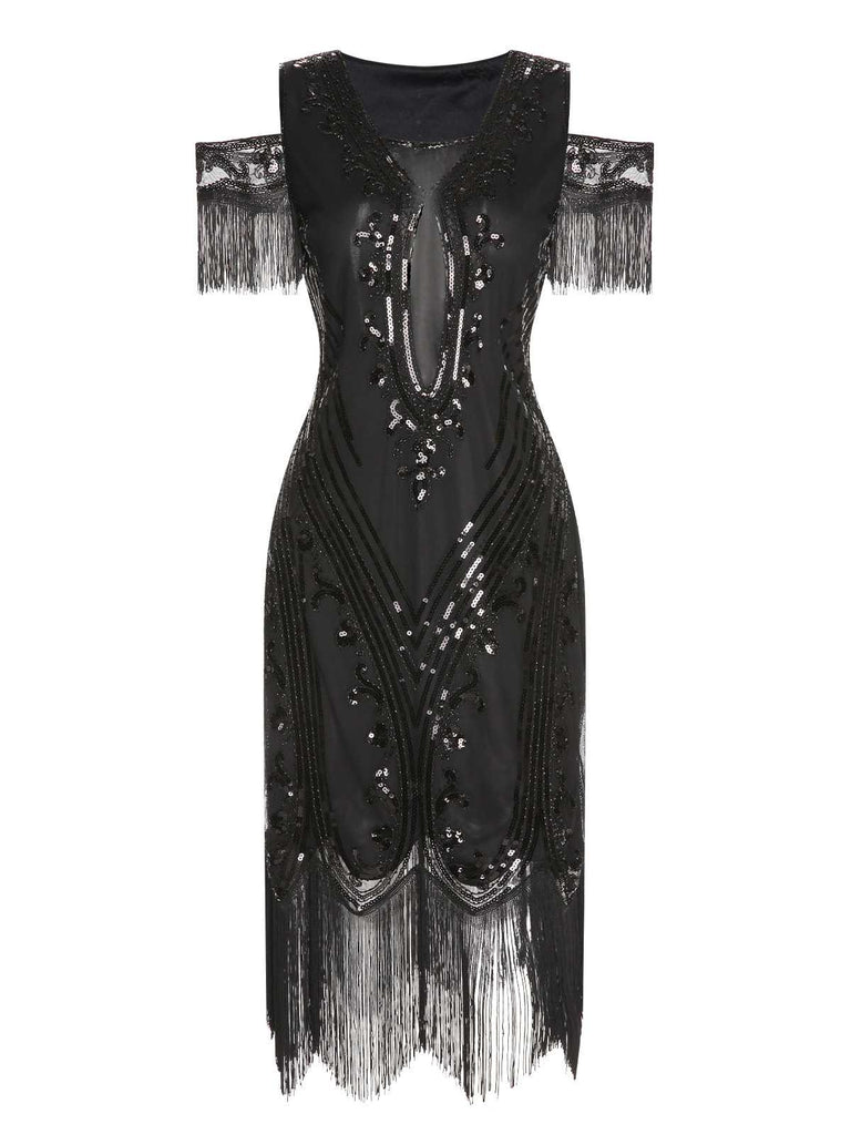 1920s Cold Shoulder Embroidered Fringe Sequins Dress — a 1920s silhouette that turns sidewalks into runways