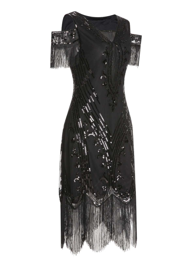 She slips into this 1920s Cold Shoulder Embroidered Fringe Sequins Dress and suddenly it's a 1920s daydream