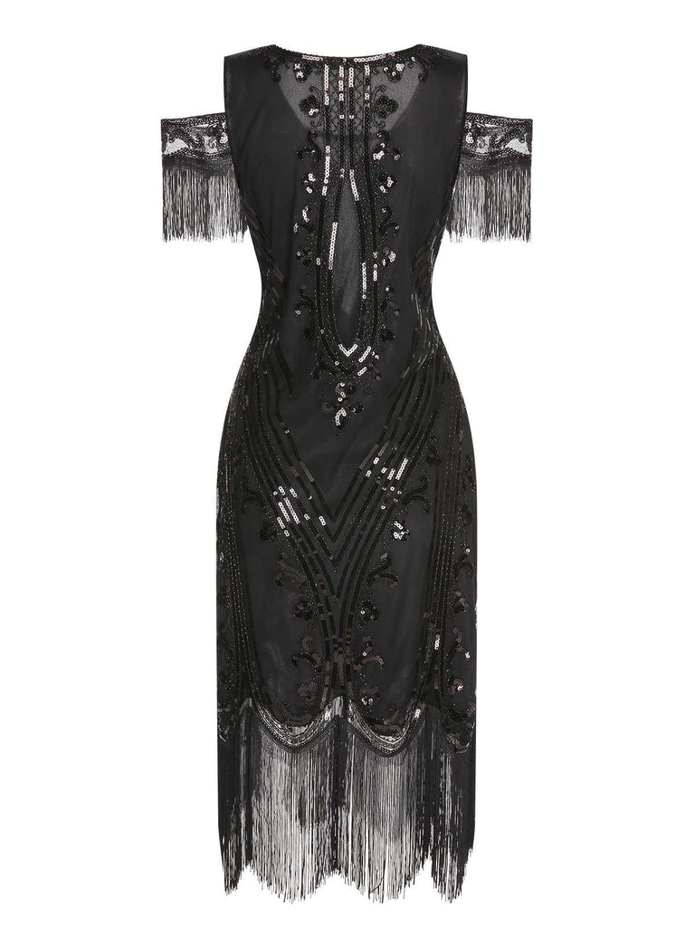 1920s Cold Shoulder Embroidered Fringe Sequins Dress: where 1920s romance meets her modern spirit