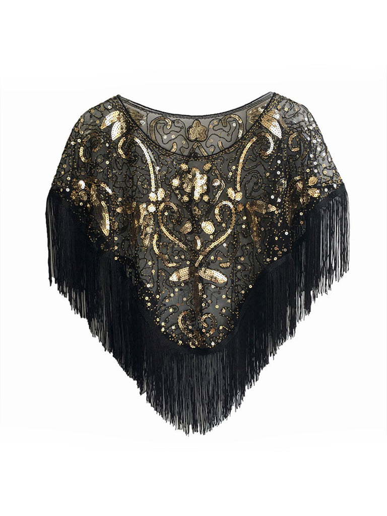 She throws on this 1920s Crew Neck Sequined Tassel Cape and the city feels like 1920s Paris
