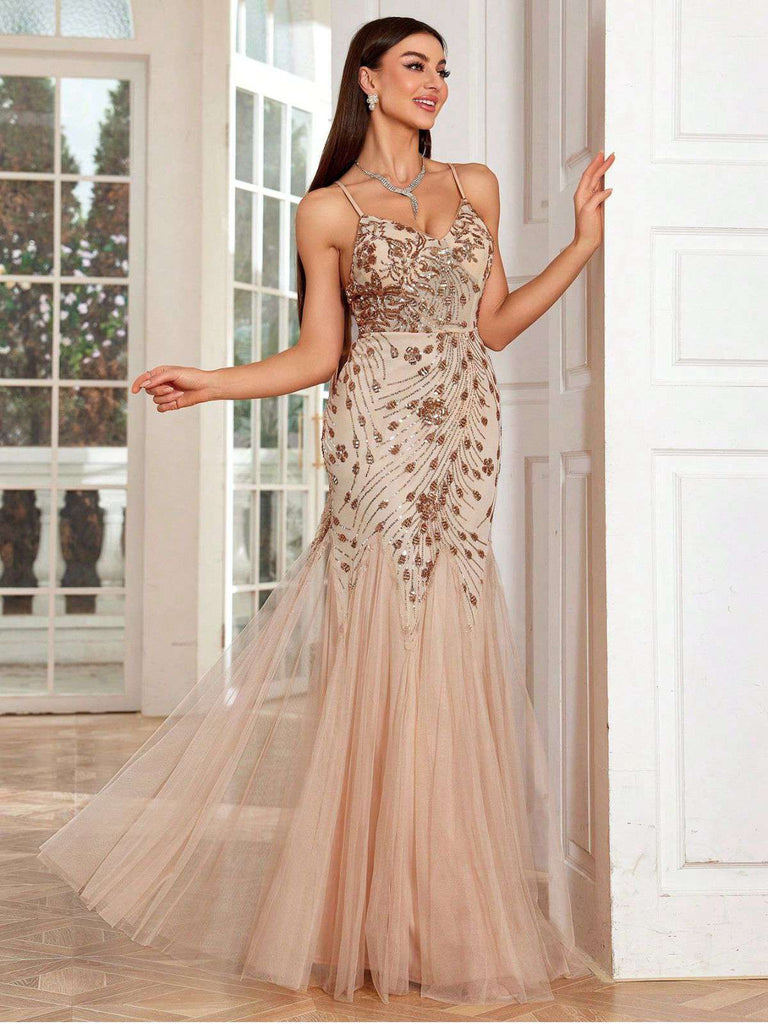 Beige 1920s Sequin Mesh Backless Mermaid Evening Dress - vintage dress, retro fashion, Gatsby party