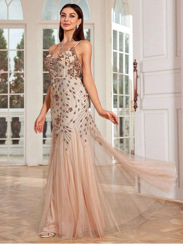 Beige 1920s Sequin Mesh Backless Mermaid Evening Dress - vintage dress, retro fashion, Gatsby party