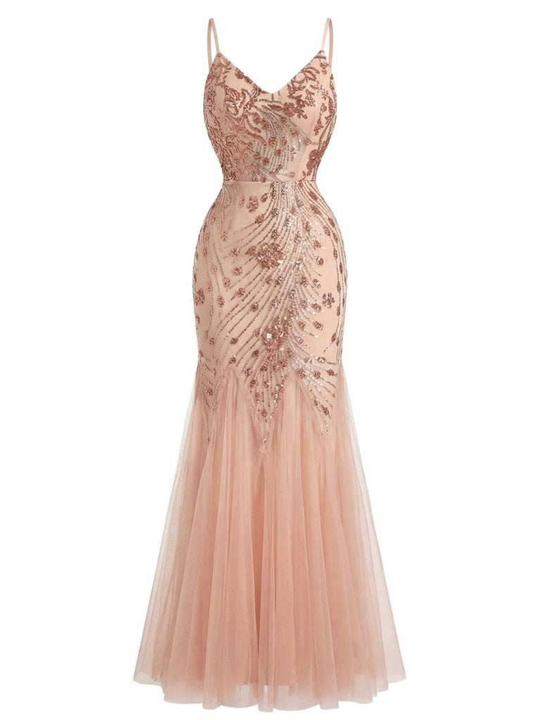 Beige 1920s Sequin Mesh Backless Mermaid Evening Dress - vintage dress, retro fashion, Gatsby party