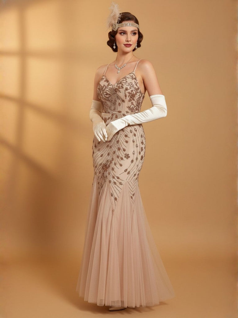Beige 1920s Sequin Mesh Backless Mermaid Evening Dress - vintage dress, retro fashion, Gatsby party