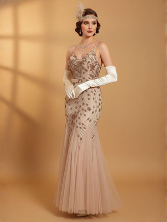 Beige 1920s Sequin Mesh Backless Mermaid Evening Dress - vintage dress, retro fashion, Gatsby party