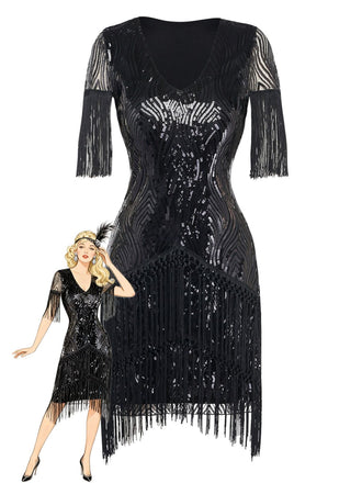 Black 1920s Flapper Tassel Fringe Great Gatsby Sequin Dress - vintage dress, retro fashion, Gatsby party