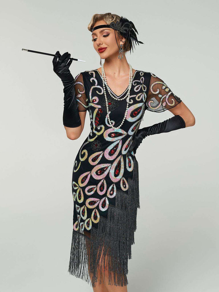 Black 1920s Peacock Sequin Beaded Fringe Flapper Dress - vintage dress, retro fashion, Gatsby party