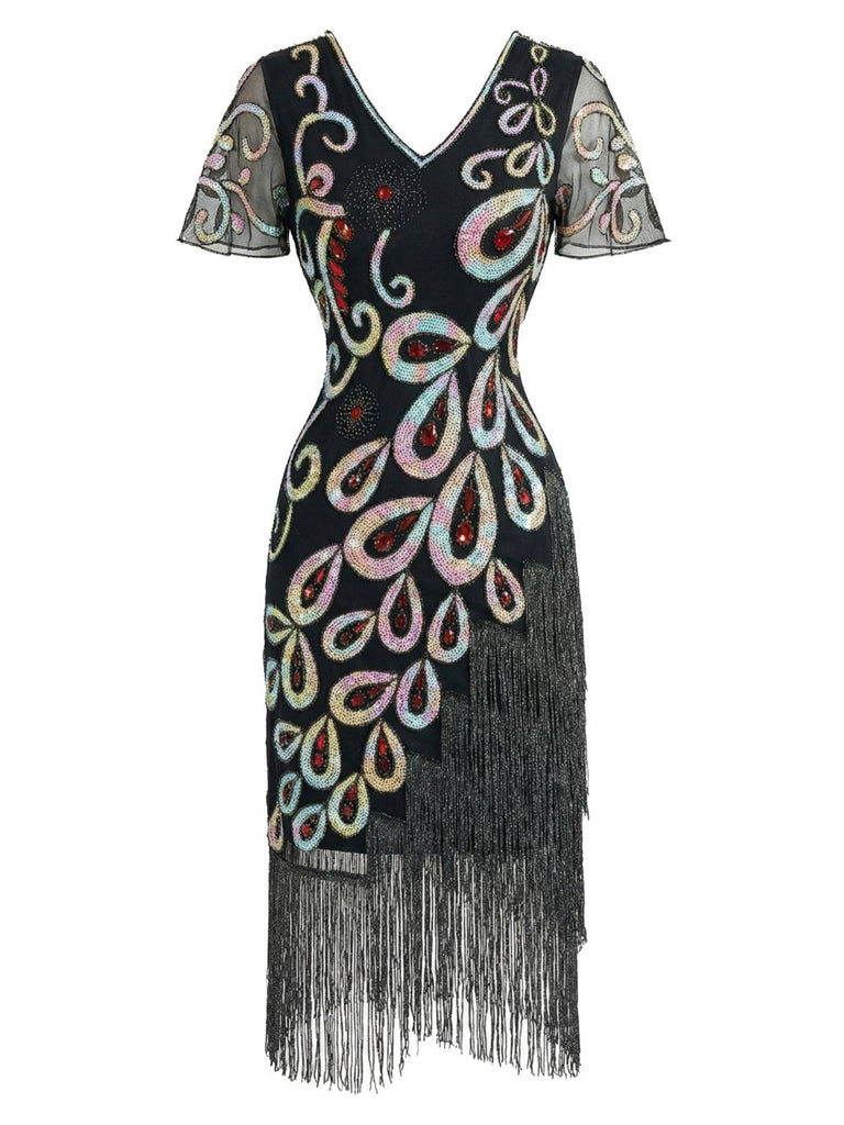Black 1920s Peacock Sequin Beaded Fringe Flapper Dress - vintage dress, retro fashion, Gatsby party