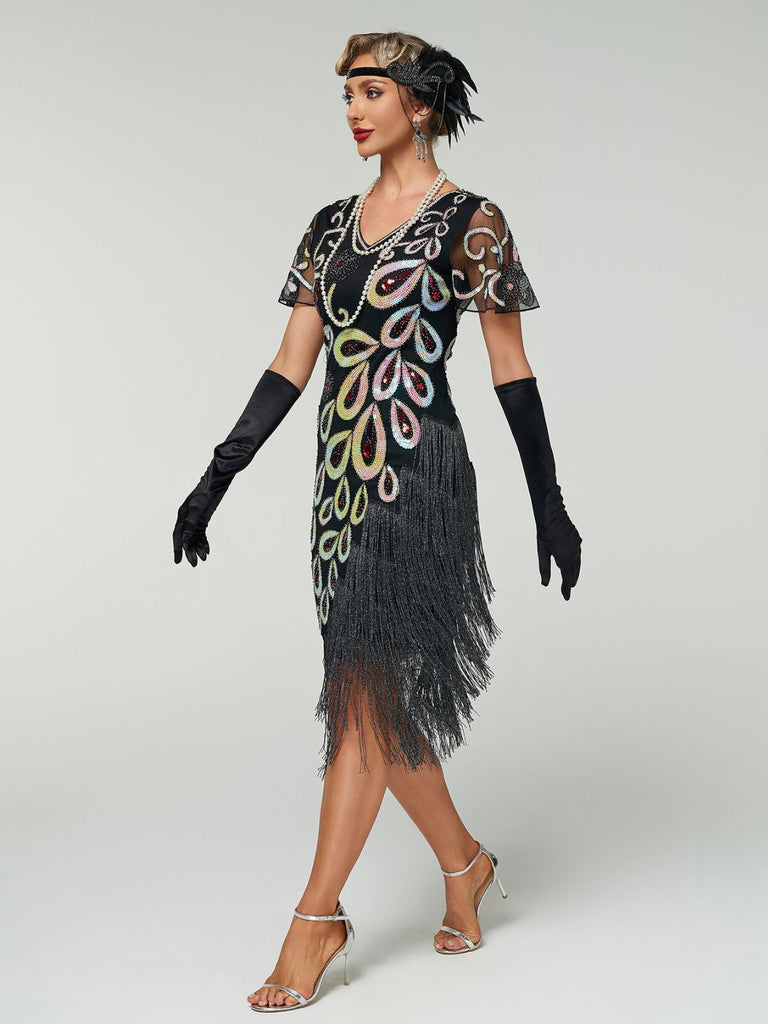 Black 1920s Peacock Sequin Beaded Fringe Flapper Dress - vintage dress, retro fashion, Gatsby party