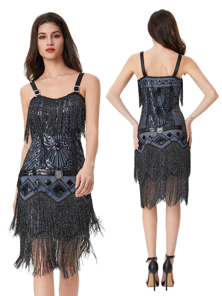 Blue Grey 1920s Sequined Tassel Ball Beaded Slip Dress - vintage dress, retro fashion, Gatsby party