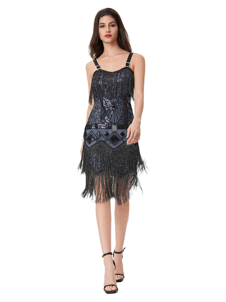 Blue Grey 1920s Sequined Tassel Ball Beaded Slip Dress - vintage dress, retro fashion, Gatsby party