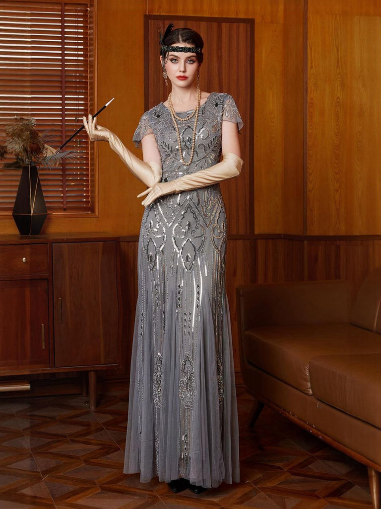 Gray 1920s Sequined Tulle Cap Sleeve Round Neck Dress - vintage dress, retro fashion, Gatsby party