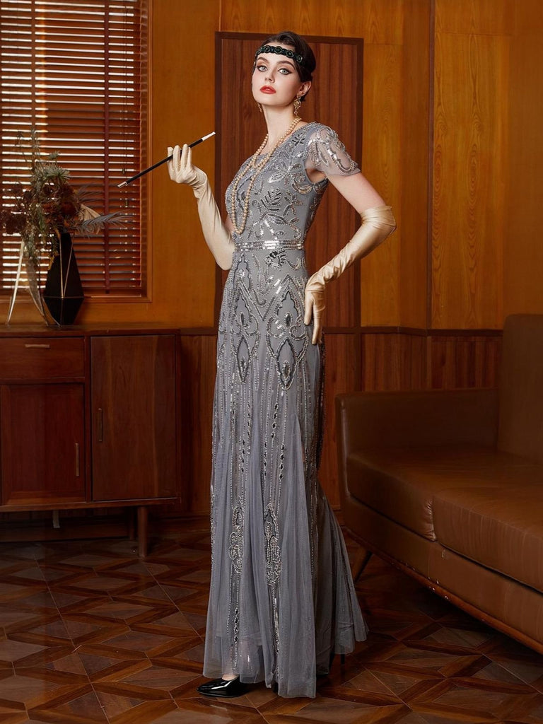 Gray 1920s Sequined Tulle Cap Sleeve Round Neck Dress - vintage dress, retro fashion, Gatsby party