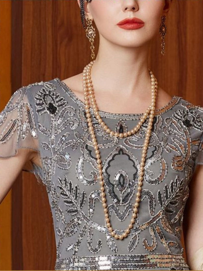 Gray 1920s Sequined Tulle Cap Sleeve Round Neck Dress - vintage dress, retro fashion, Gatsby party