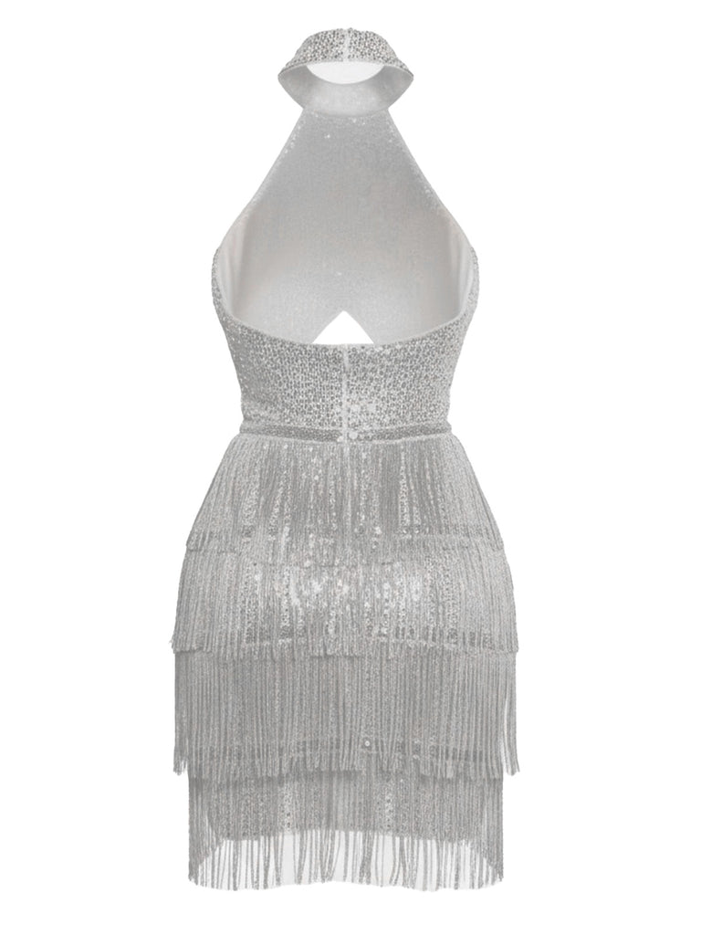 Silver 1920s Halter Sequin Fringe Cutout Party Dress - vintage dress, retro fashion, Gatsby party