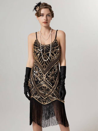 1920s Spaghetti Straps Sequined Tassel Flapper Dress - vintage dress, retro fashion, Gatsby party