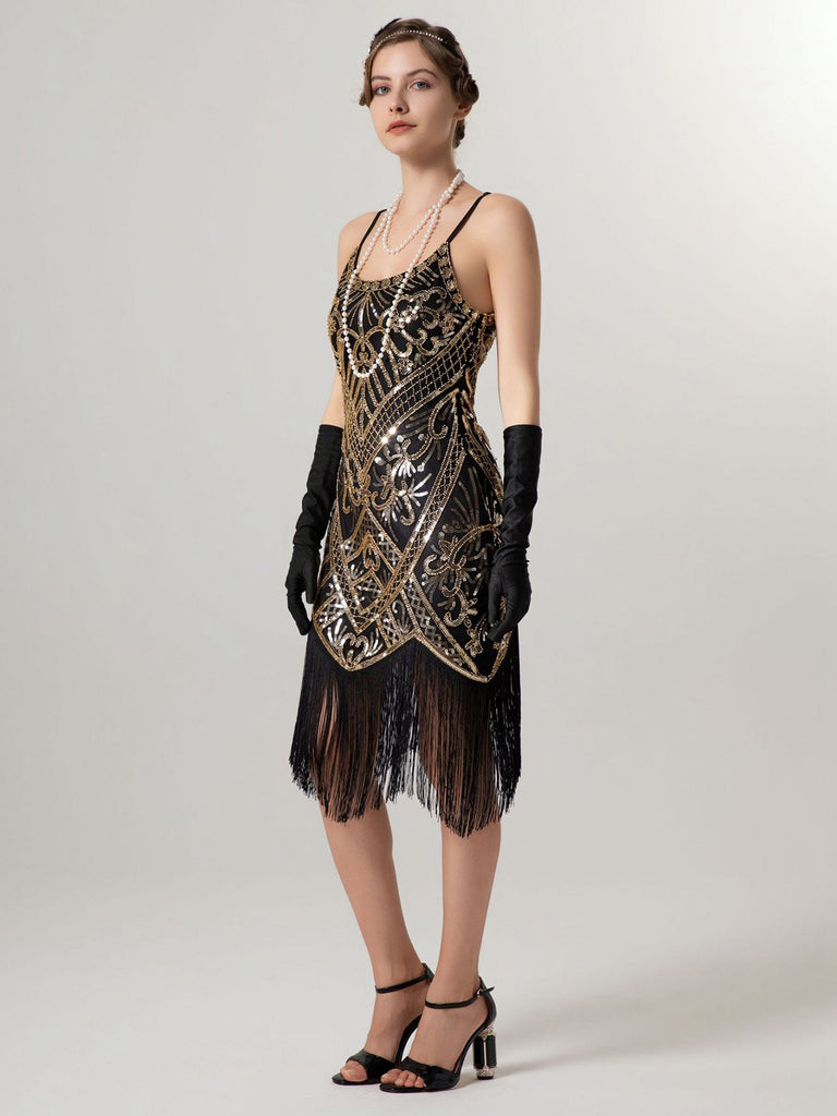1920s Spaghetti Straps Sequined Tassel Flapper Dress - vintage dress, retro fashion, Gatsby party