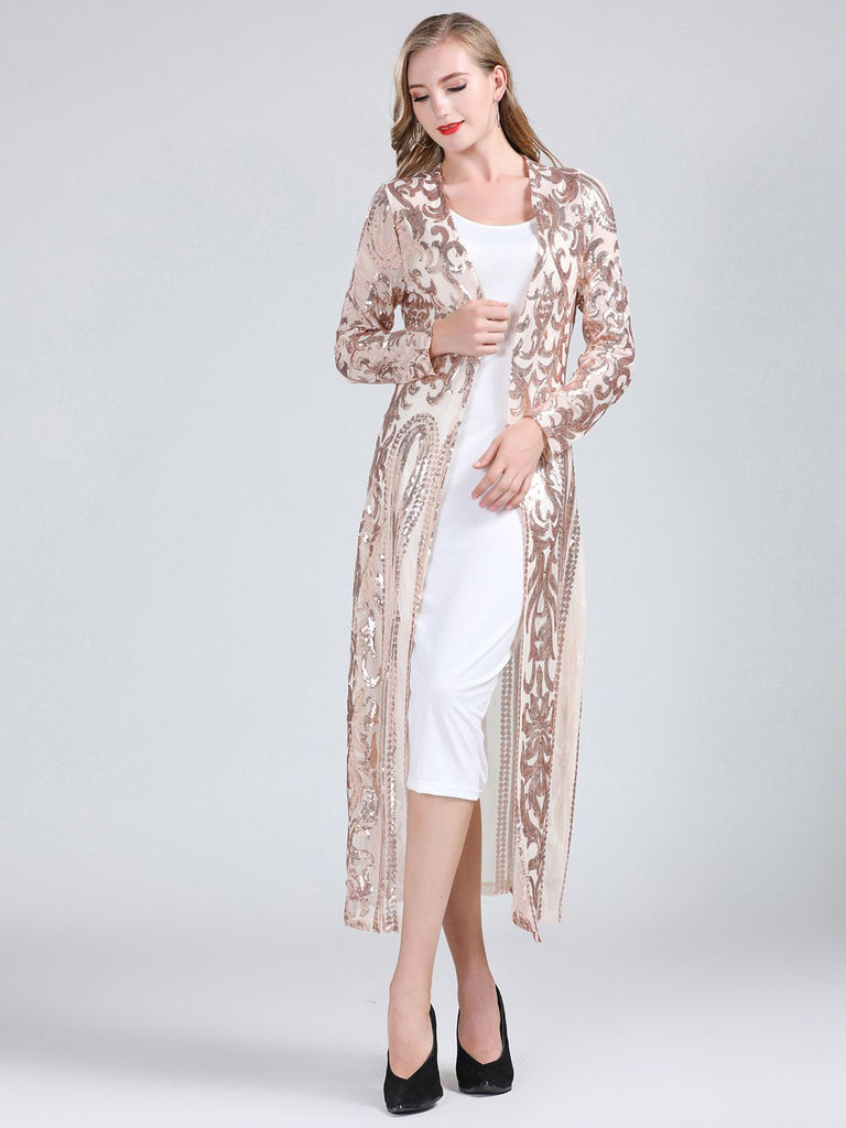 She finds her 1920s story in this 1920s Embroidered Long Sheer Sequin Cardigan