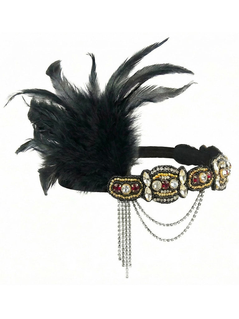1920s Gatsby Feather Crystal Flapper Headband - vintage fashion, retro style