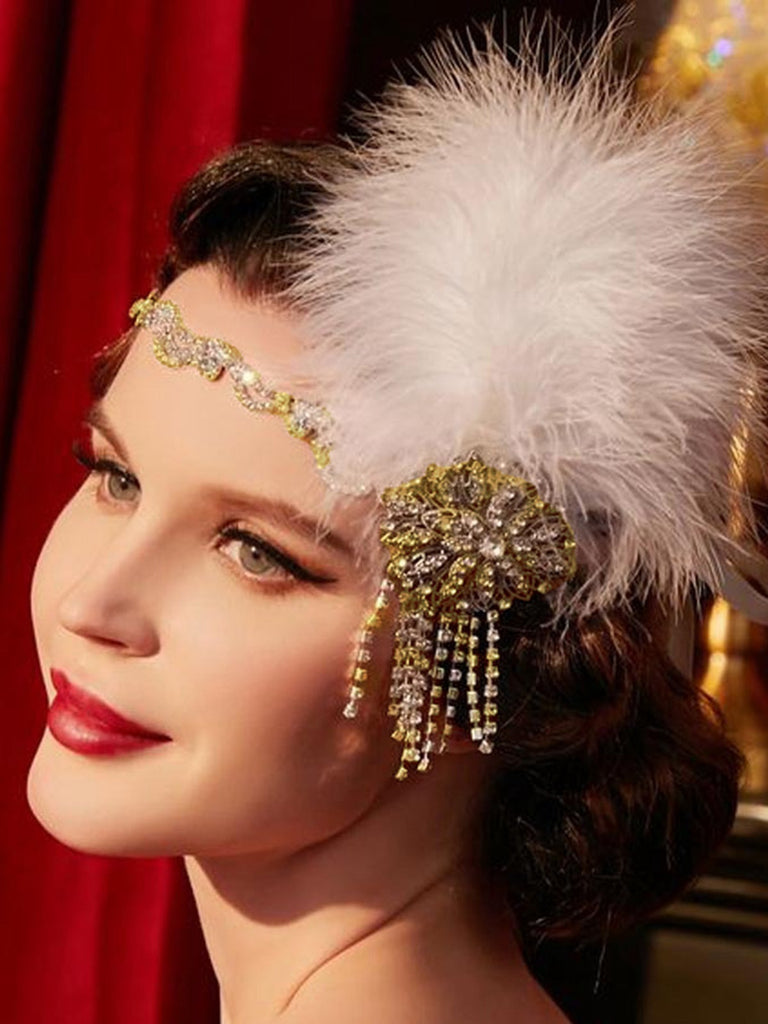 1920s Gatsby Feather Rhinestone Floral Headpiece - vintage fashion, retro style