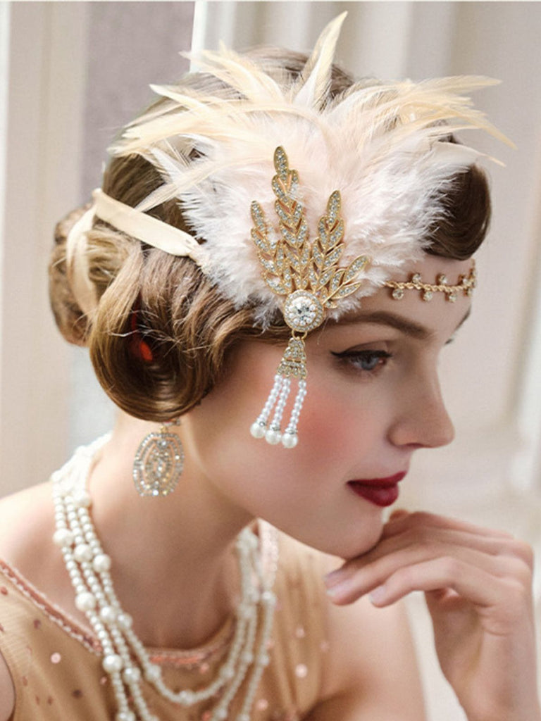 1920s Gatsby Feather Rhinestone Prom Headband - vintage fashion, retro style