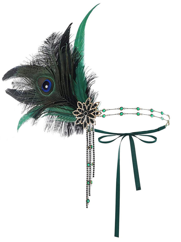 1920s Gatsby Peacock Feather Flapper Beaded Headband - vintage fashion, retro style