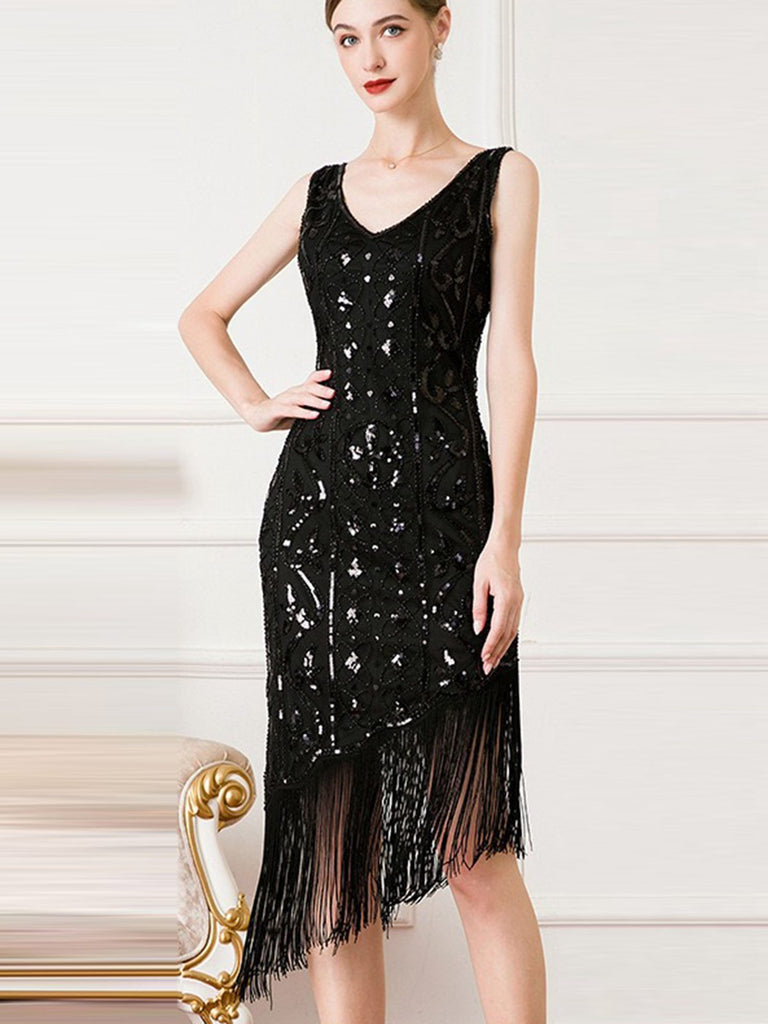 1920s Gatsby Sequins Tassel Oblique Hem Dress — a 1920s silhouette that turns sidewalks into runways