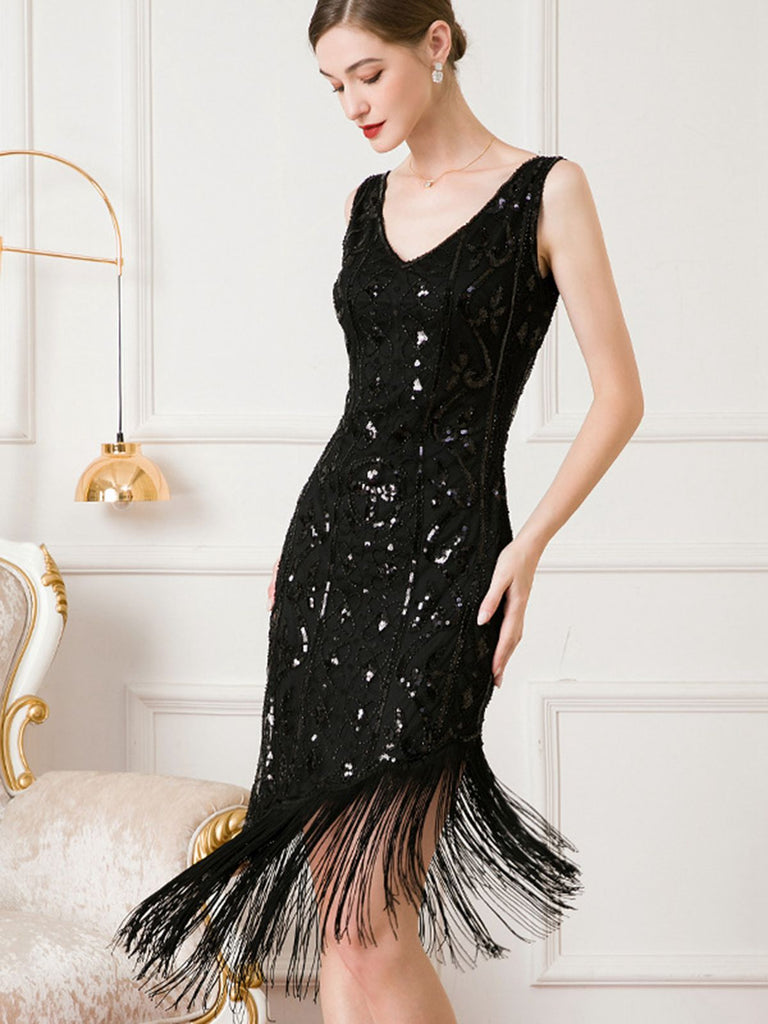 1920s Gatsby Sequins Tassel Oblique Hem Dress: where 1920s romance meets her modern spirit