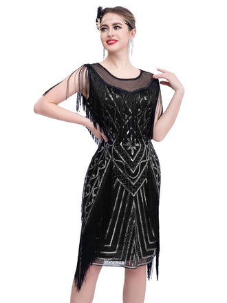 She slips into this 1920s Gatsby Sheer Neck Tassel Sequins Dress and suddenly it's a 1920s daydream