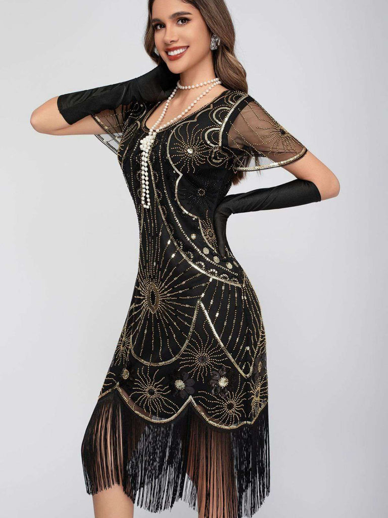 1920s Scoop Neck Sequin Fringe Flapper Dress - vintage dress, retro fashion, Gatsby party