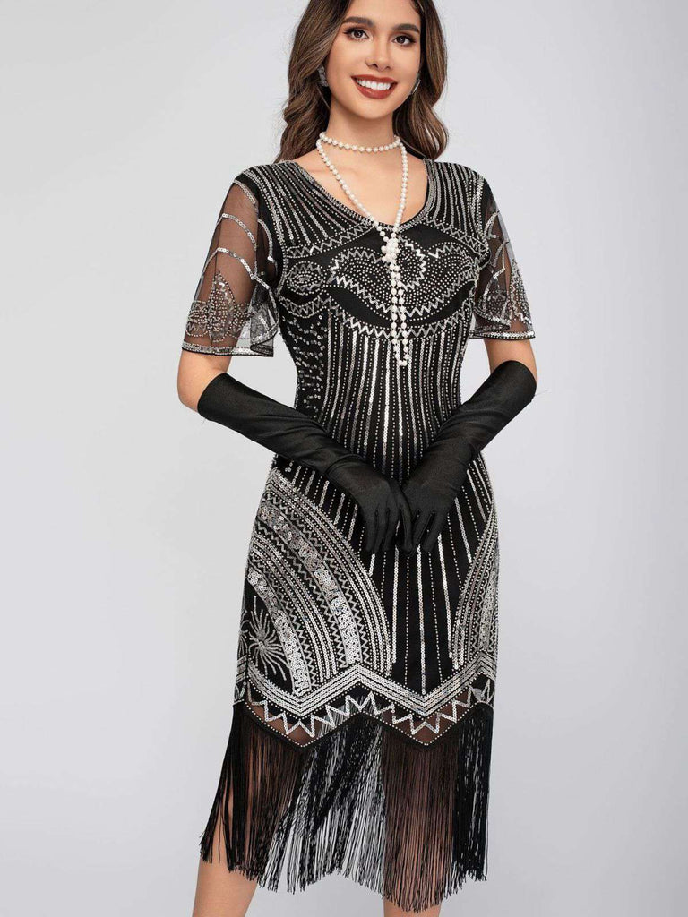 1920s Scoop Neck Sequin Tassels Charleston Dress - vintage dress, retro fashion, Gatsby party