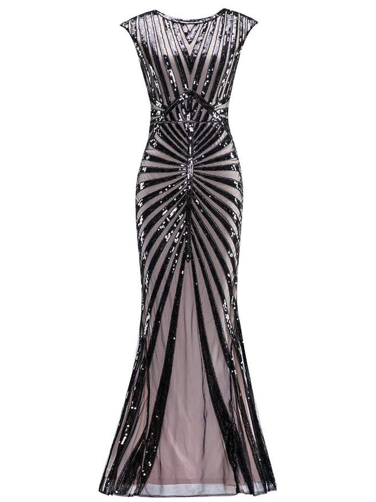 1920s Sequin Art Deco Maxi Dress, classic vintage style elegant retro fashion