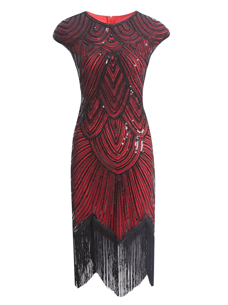 Wine 1920s Sequin Beaded Fringed Dress, classic 1920s style elegant retro fashion - Image 12
