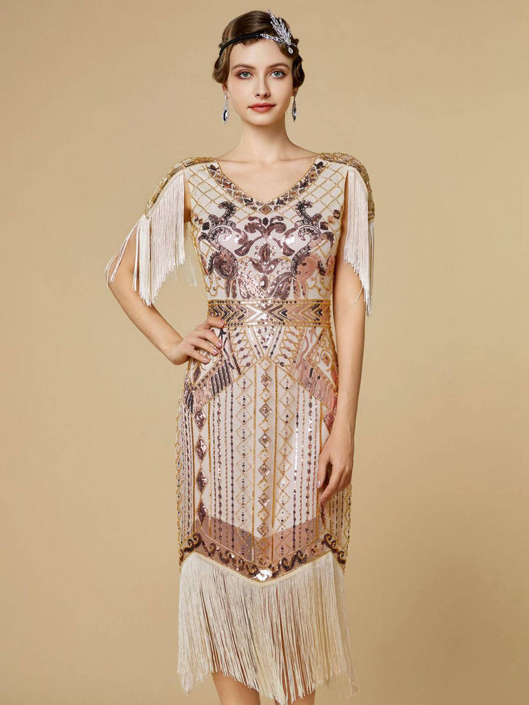 1920s Sequin Fringe Flapper V-Neck Dress - vintage dress, retro fashion, Gatsby party