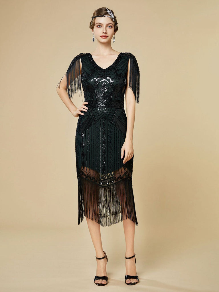 1920s Sequin Fringe Flapper V-Neck Dress - vintage dress, retro fashion, Gatsby party