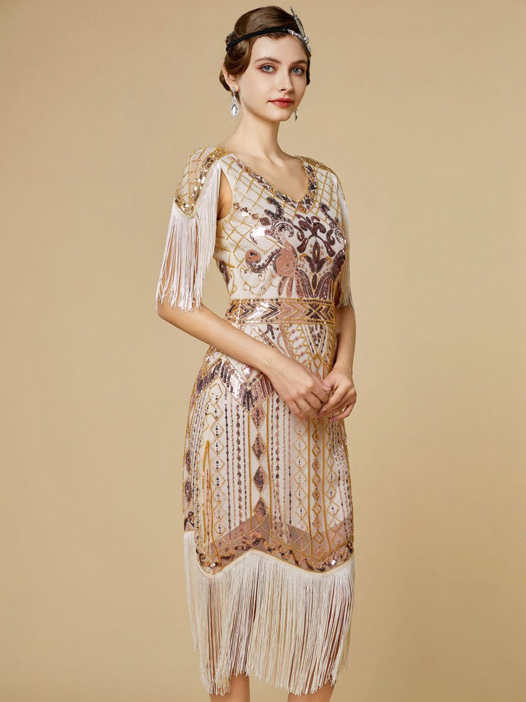 1920s Sequin Fringe Flapper V-Neck Dress - vintage dress, retro fashion, Gatsby party