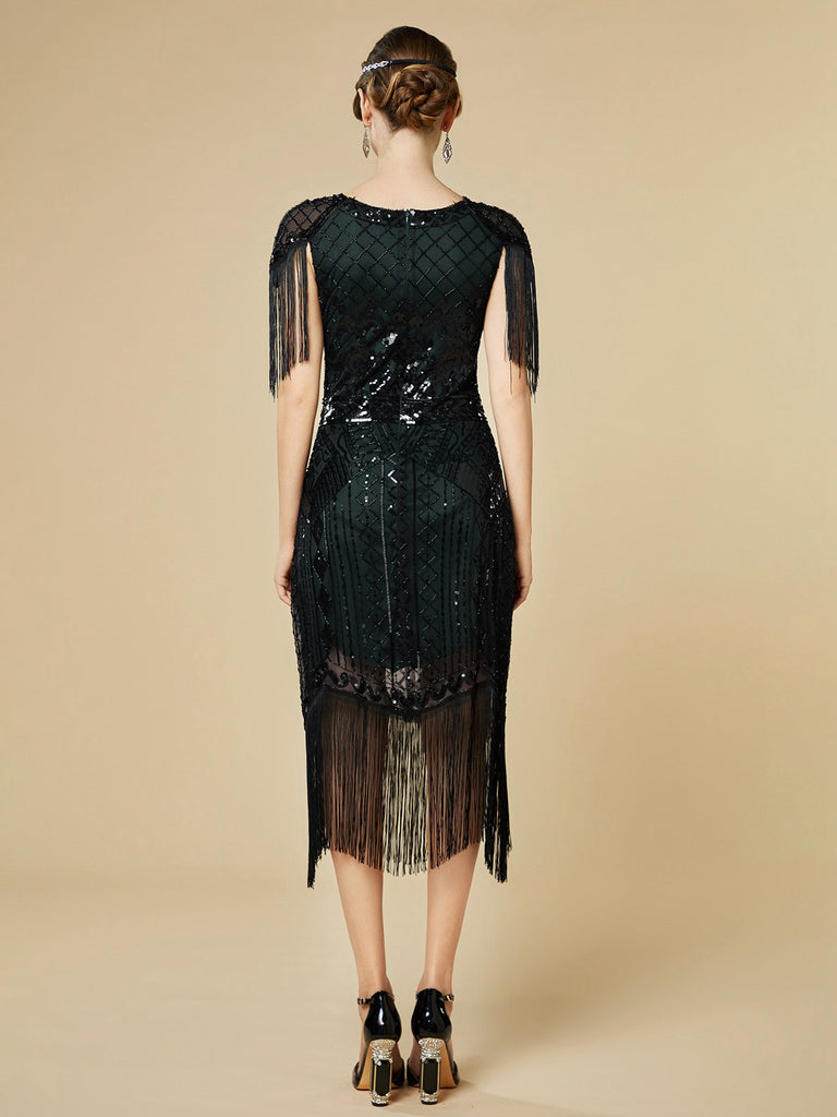1920s Sequin Fringe Flapper V-Neck Dress - vintage dress, retro fashion, Gatsby party