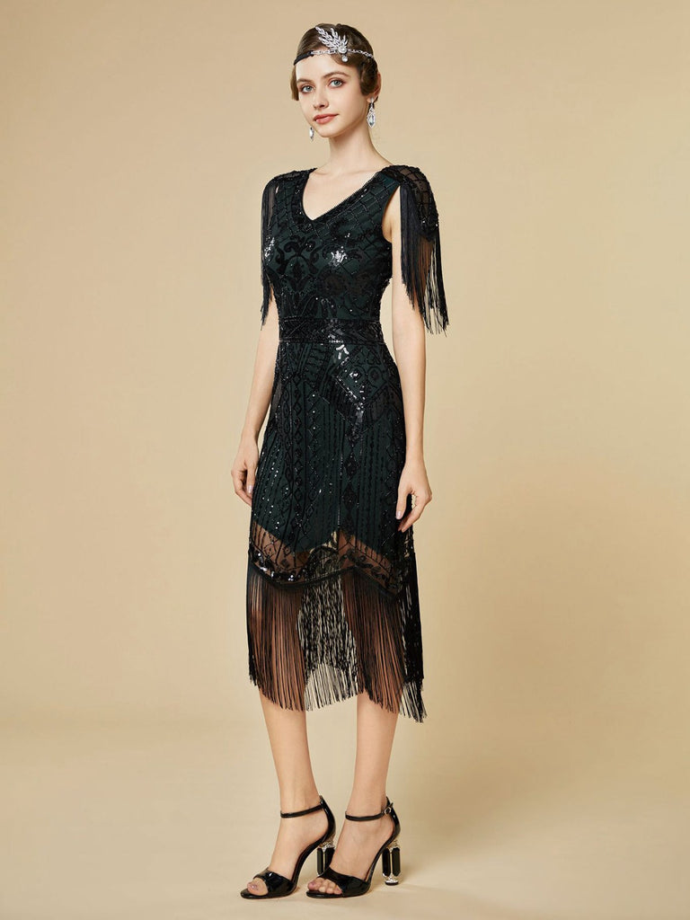 1920s Sequin Fringe Flapper V-Neck Dress - vintage dress, retro fashion, Gatsby party